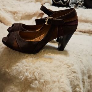 Sofft Brown Suede Mary Jane Peep-Toe Heels with Maroon Accent